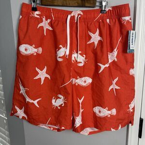 Old Navy Swim Trunks Mens XL Orange‎ Fish Sharks Pattern Board Shorts Beach NWT
